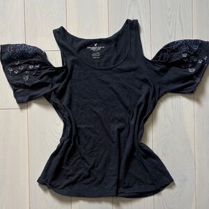 American Eagle Outfitters Black Cold-Shoulder Top with Embroidered Puff Sleeves